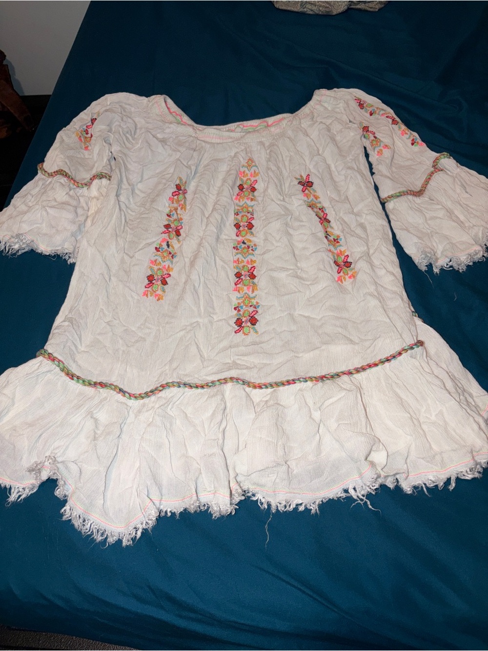 White Embroidered Peasant Dress with Floral Accents
